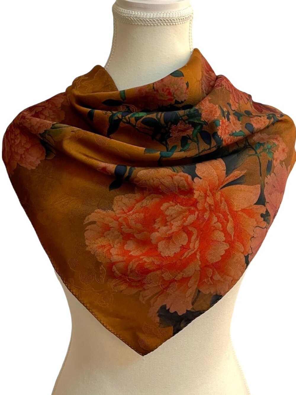 Yucofon 100% Silk Floral Scarf Gold Orange Peony Print 27 x 27
